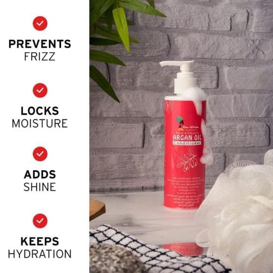 صورة بلسم بزيت الارجان من رو افريكان مرطب ومغذي للشعر الجاف والتالف خالي الكبريت والبارابين والالوان الصناعية ومضاد للتشعث يعزز نمو لشعر صحي ولامع 300 مل