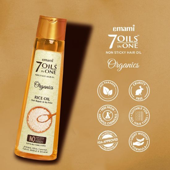 صورة امامي زيت الارز العضوي 7 زيوت في واحد لاصلاح الشعر بدون تجعد | مغذي ومرطب | خفيف للغاية وغير لاصق | عضوي معتمد | خالٍ من البارابين والكبريتات والمواد الكيميائية الضارة | ناعم ولامع